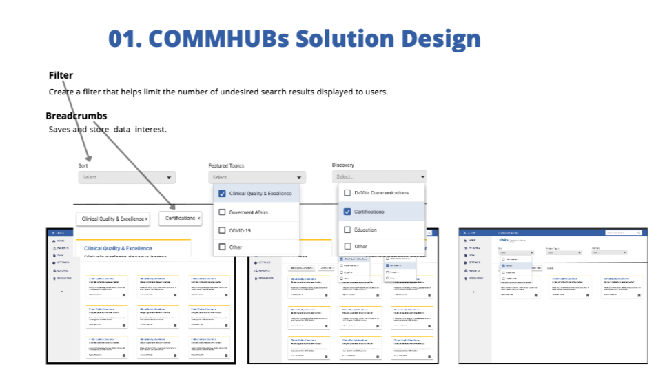 DaVita COMMs Hub Filter Interface showing topic-based filtering